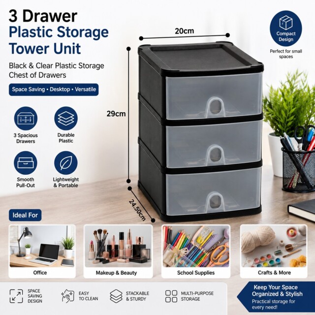 Plastic Storage Drawers Handy 3 Tier Office Home Organiser Chest