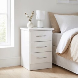 Nevada 3 Drawer Bedside Cabinet White Gloss Bedroom Nightstand Storage