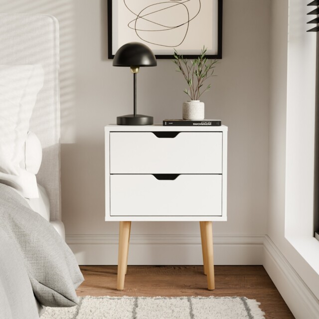 Nyborg Single 2 Drawer Bedside Cabinet Lamp Table Nightstand White