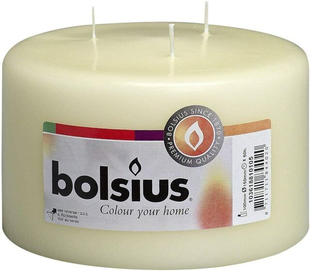 Bolsius 3 Wick Unscented Wax Pillar Candle Ivory 15cmx15x9cm Approx