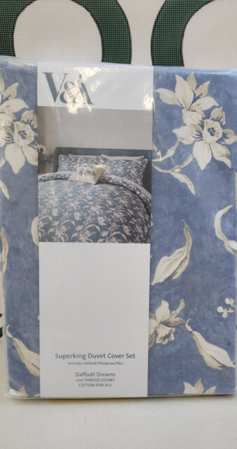 V&a Daffodil Dreams Cotton Duvet Cover Set – Mid Blue, Super King Rrp