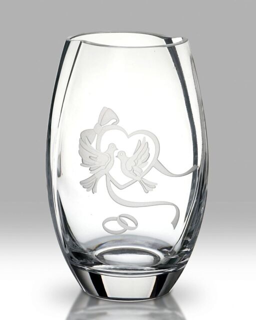 (boxed) Wedding Doves & Hearts Glass Vase By Nobile Glassware