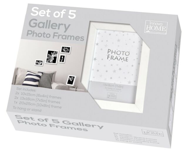 "White Photo Frames Set Of 5 Wood Gallery Aperture 6x4""7x5""10x8"" Family"