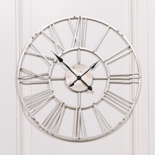 Large 92cm Vintage Silver Metal Wall Clock With Roman Numerals Black