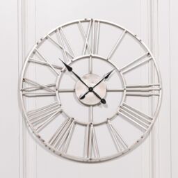 Large 92cm Vintage Silver Metal Wall Clock With Roman Numerals Black
