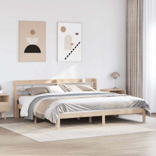 Bed Frame Natural Solid Pine & Plywood Headboard With Shelves
