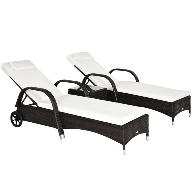Outsunny 3 Pcs Rattan Lounger Recliner Bed Garden Furniture Set W/