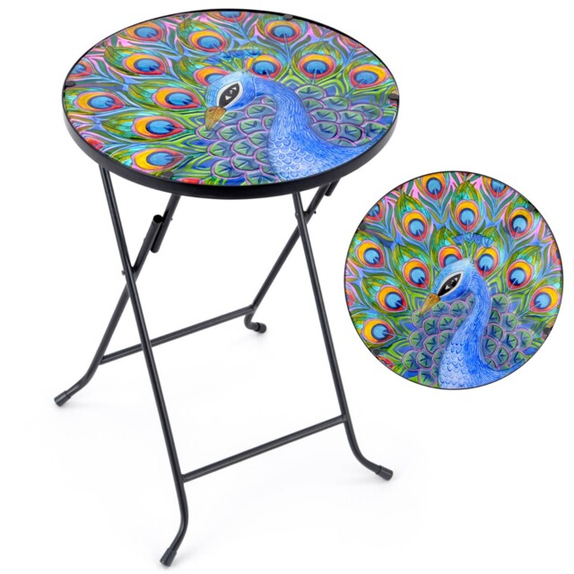 Folding Glass Table Garden Outdoor Patio Decoration Painted Round Top