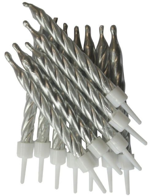 Silver Cake Candles 12pk Metallic 7.5cm Happy Birthday Party