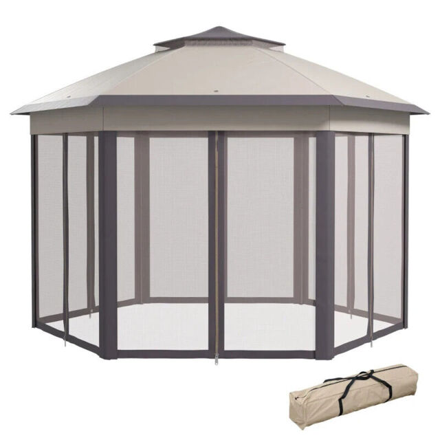4x4m Hexagon Gazebo W/ Metal Frame Mesh Curtains Outdoor Garden, Beige