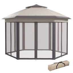 4x4m Hexagon Gazebo W/ Metal Frame Mesh Curtains Outdoor Garden, Beige