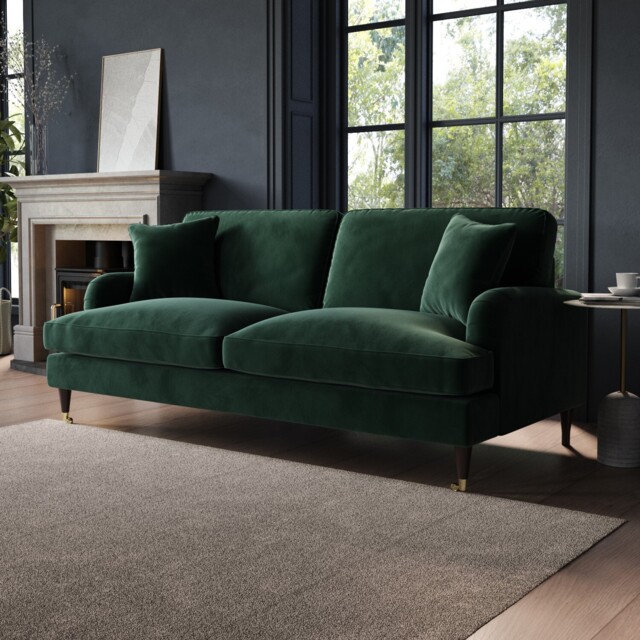 Green Sofa 3 Seater With Ruched Saddle Arms Wood Gold Legs Traditional