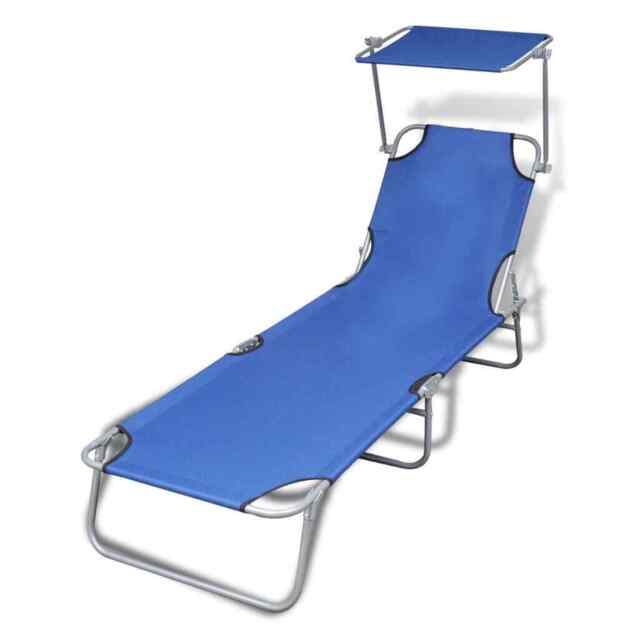 Folding Sun Lounger With Canopy Steel And Fabric Blue Vidaxl