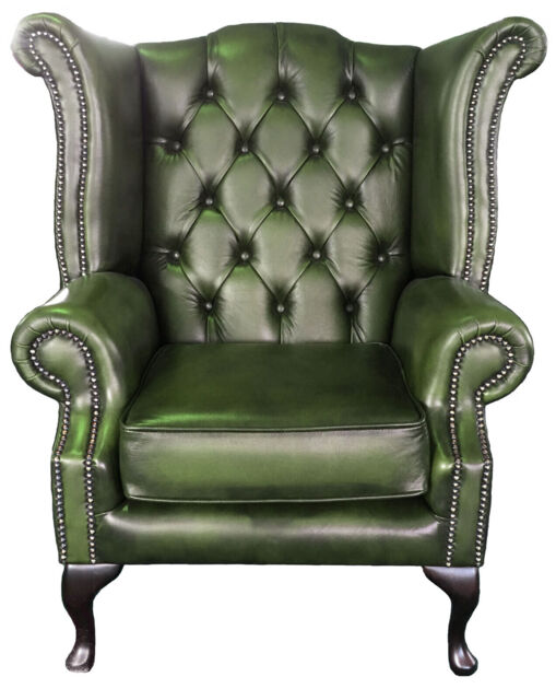 Chesterfield Genuine Pure Leather Queen Anne Arm Chair Antique Green