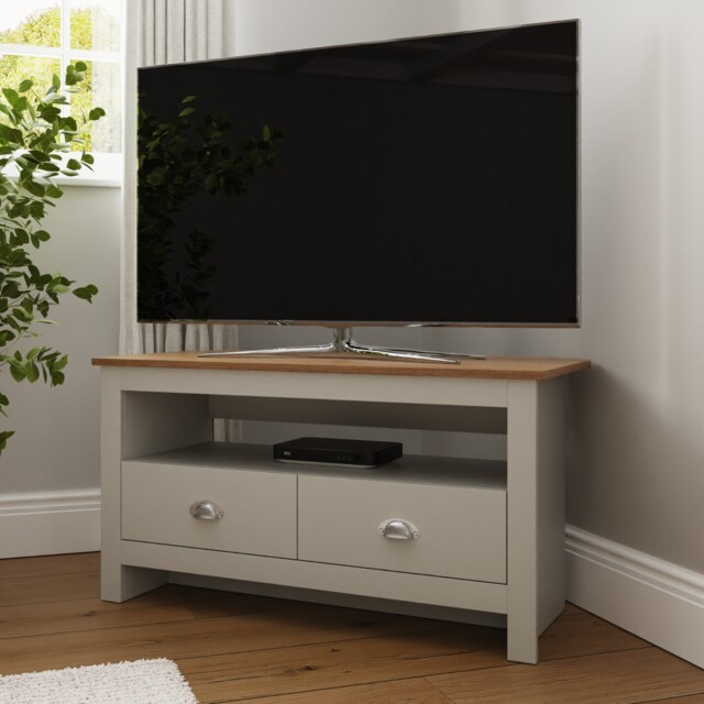 Lancaster Grey Oak Corner Tv Stand 2 Drawer Cabinet Television Unit