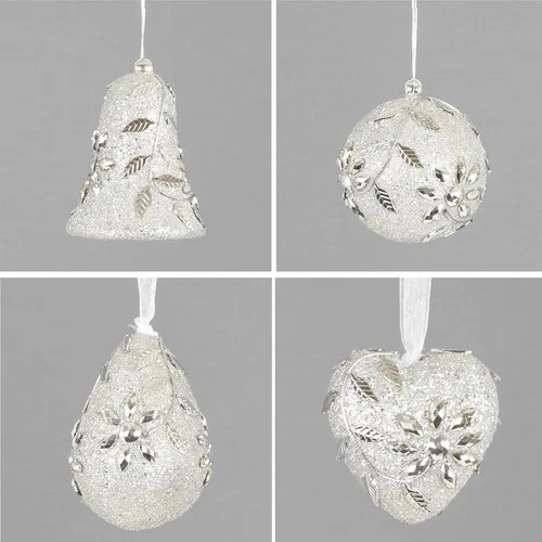 24 Silver Glitter Jewel Pattern Christmas Hanging Decorations 8cm Dia.
