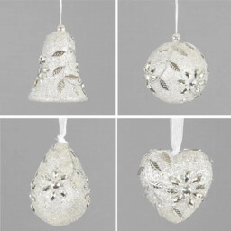 24 Silver Glitter Jewel Pattern Christmas Hanging Decorations 8cm Dia.