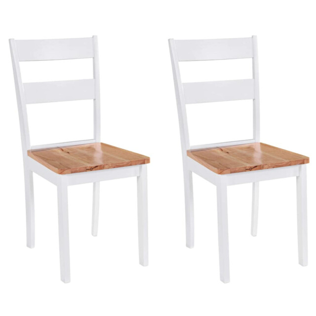 Dining Chairs 2pc White & Natural Rubberwood Classic Solid Seat 45cm H