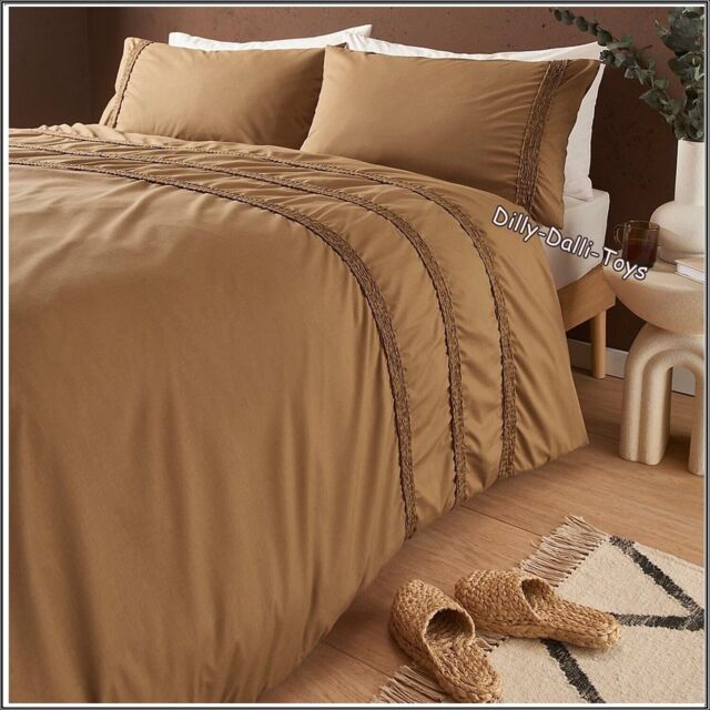 Clay Brown Ruched Stripe Double Duvet Set Ruffled Neutral Natural