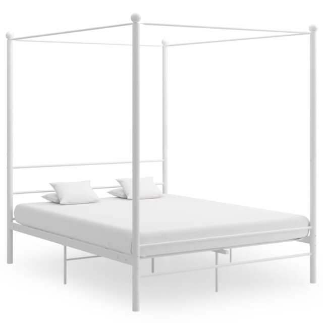 Canopy Bed Frame White Powder-coated Metal 160x200cm Sturdy Slatted