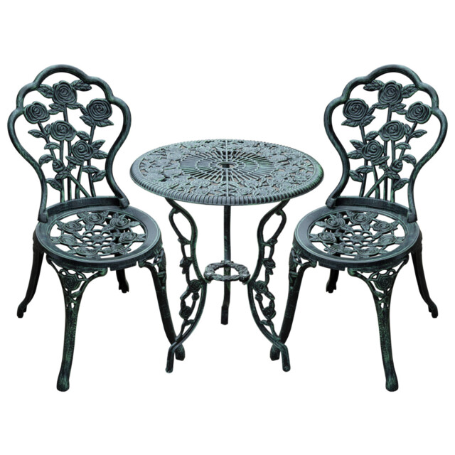 Bistro Set 60x60x69cm Antique Green Cast Aluminum & Iron 3-pc Floral