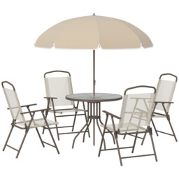 Outsunny 6pc Outdoor Garden Dining Set W/ Folding Chairs, Glass Table