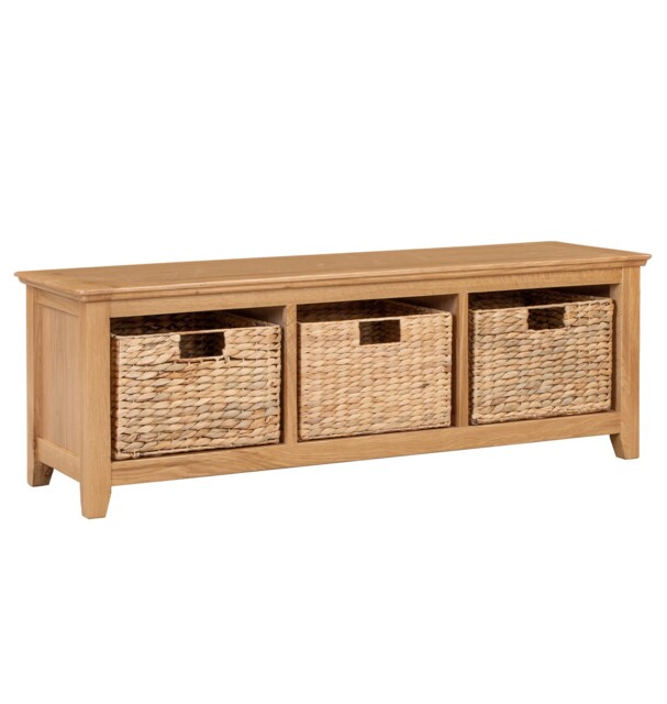 Shoe Storage Bench, Small Wooden Oak Unit With 3 Basket, Hallway Stand