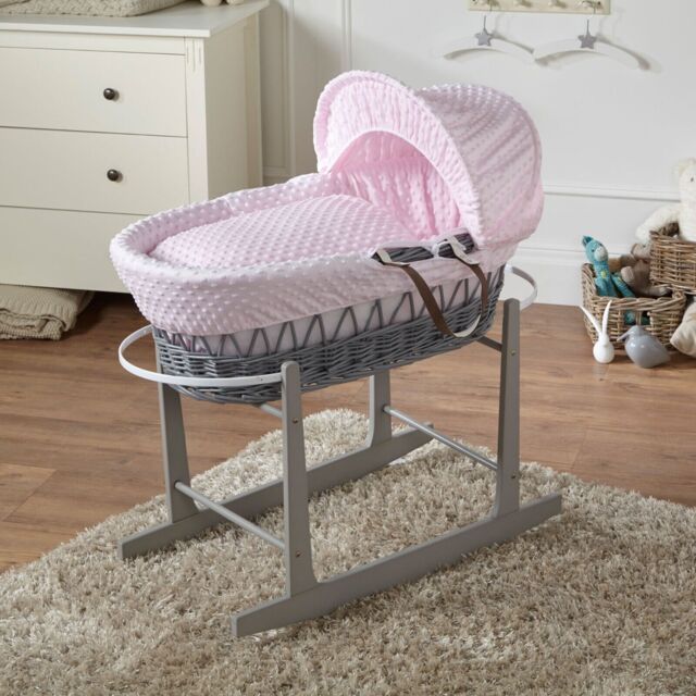 Baby Moses Basket With Stand Pink Dimple Bedding And Mattress Grey