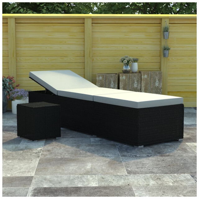 Sun Lounger Black Pe Rattan 195x61.5cm Powdercoat Steel W/cream Pad +