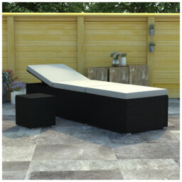 Sun Lounger Black Pe Rattan 195x61.5cm Powdercoat Steel W/cream Pad +