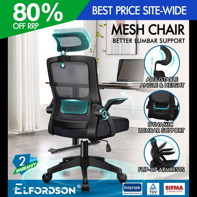Elfordson Mesh Office Chair Headrest Lumbar Support Gas Lift Swivel