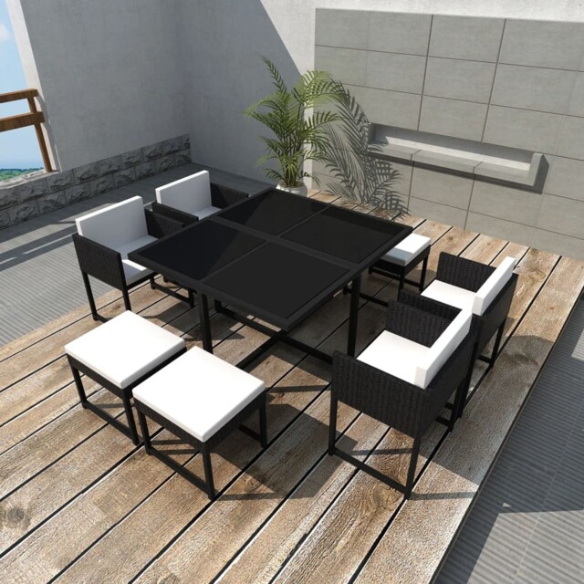 Outdoor Patio Black Poly Rattan 9 Piece Garden Dining Set With