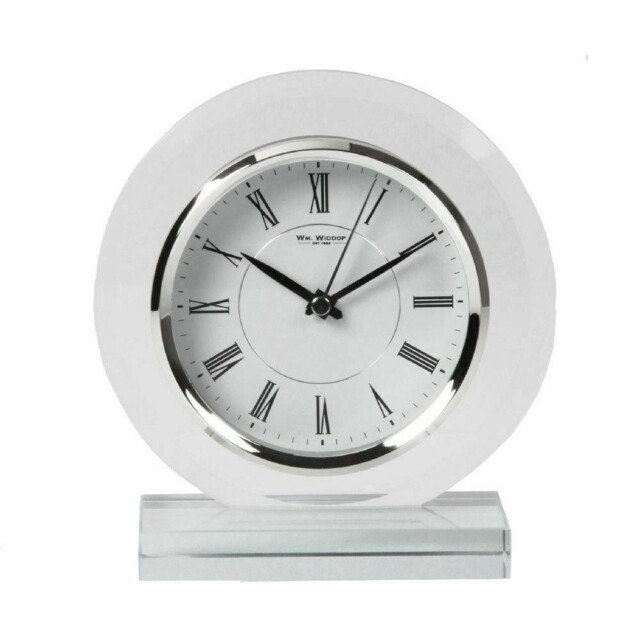 Mantel Clock White Glass 18x17x7.5cm Round Roman Dial Contemporary