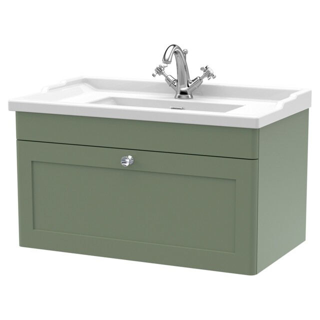 Nuie Classique Satin Green 800mm Wall Hung Single Drawer Vanity Unit