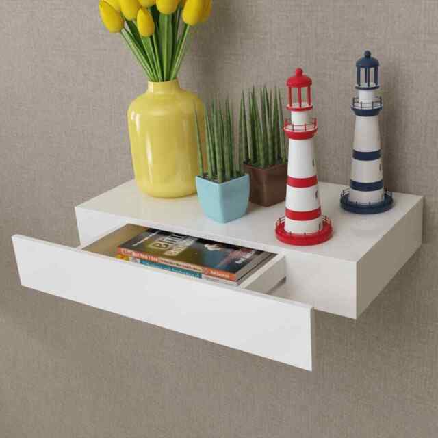 White Mdf Floating Wall Display Shelf 1 Drawer Book/dvd Storage Vidaxl