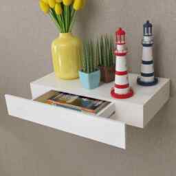 White Mdf Floating Wall Display Shelf 1 Drawer Book/dvd Storage Vidaxl