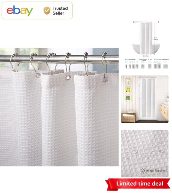 Waterproof White Shower Curtain 92x182cm - Waffle Fabric Metal Hooks