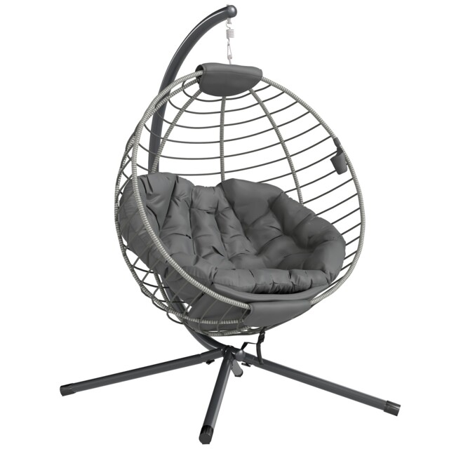 Outsunny Pe Rattan Hanging Swing Chair W/ Stand & Cup Holder, Grey
