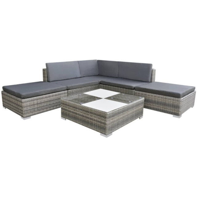 Garden Lounge 6pc Sofa Set Grey Pe Rattan Glass Top Powder-coated