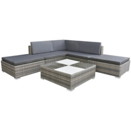 Garden Lounge 6pc Sofa Set Grey Pe Rattan Glass Top Powder-coated