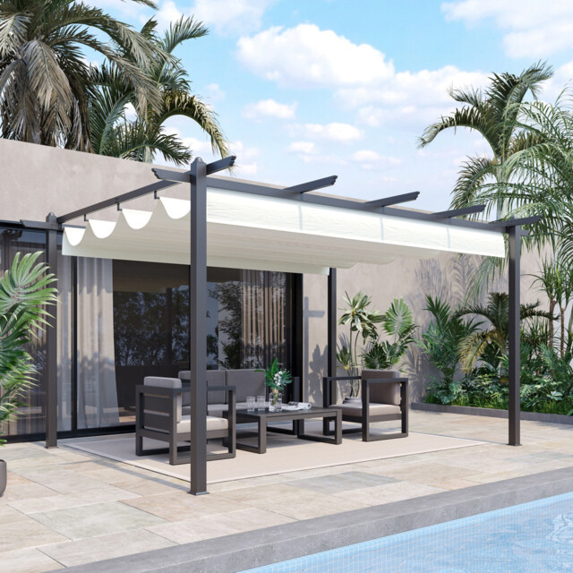 Pergola Gazebo 4x3m Aluminium Frame Cream Polyester Retractable Roof