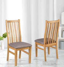 Dining Chairs, 2 Solid Oak Wooden Chair, Light Grey Fabric Seat