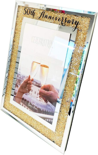 50th Wedding Anniversary Photo Frame Golden Mirror Glass Crystal