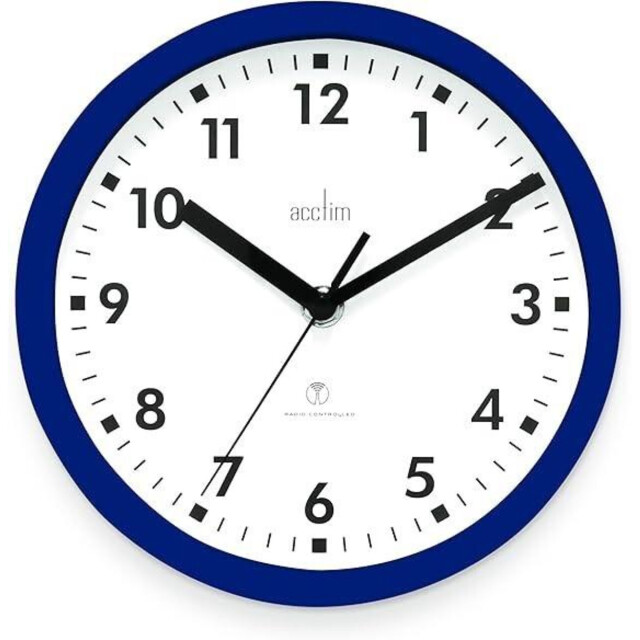 Wall Clock Radio Controlled Mist Blue Plastic 20cm Glass Lens White