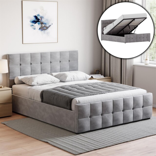 Valentina King Size Ottoman Bed Frame 5ft Storage Lift Fabric Light