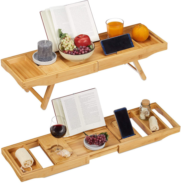 Bamboo Bath Caddy Extendable Adjustable Home Spa Bath Tray With