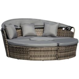 5 Pcs Cushioned Outdoor Plastic Rattan Round Sofa Bed Table Set Grey