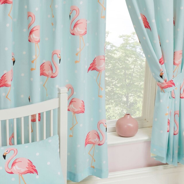 "Fifi Flamingo Dots Curtains 66"" X 54"" Kids Fully Lined With Tie Backs"