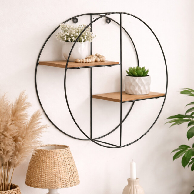 Round Wall Shelf Home Decor Wooden Metal Hanging Shelves Display Unit