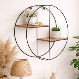 Round Wall Shelf Home Decor Wooden Metal Hanging Shelves Display Unit